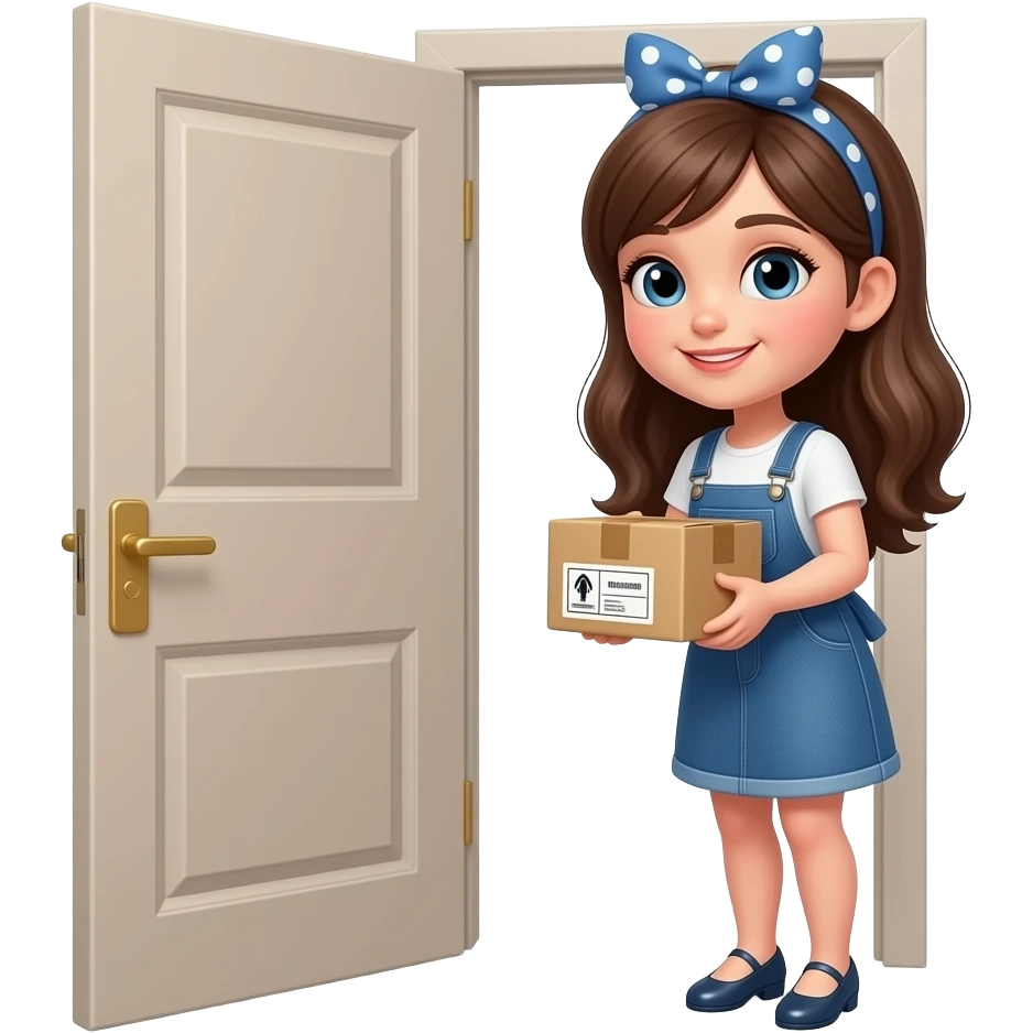 pretty girl with dress opening a door to pick up her package emoji