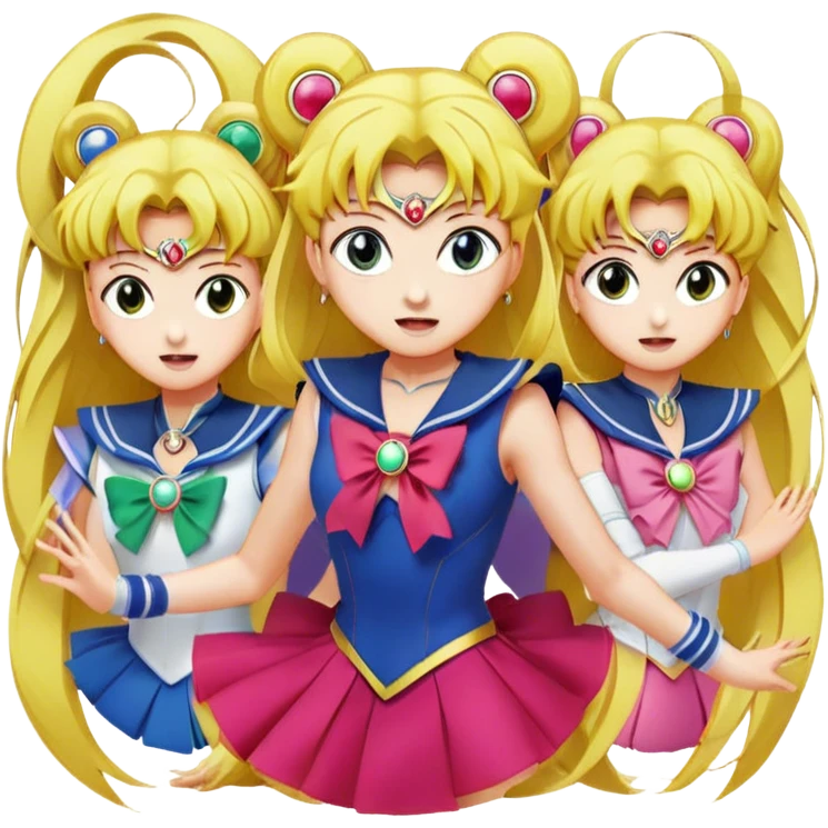 Icon for Anime: vibrant, dynamic scene with heros from Bishoujo Senshi Sailor Moon in action, featuring exaggerated expressions and colorful backgrounds. The design should reflect the distinct, energetic style of anime, with iconic eyes and unique visual elements. Transparent background. emoji