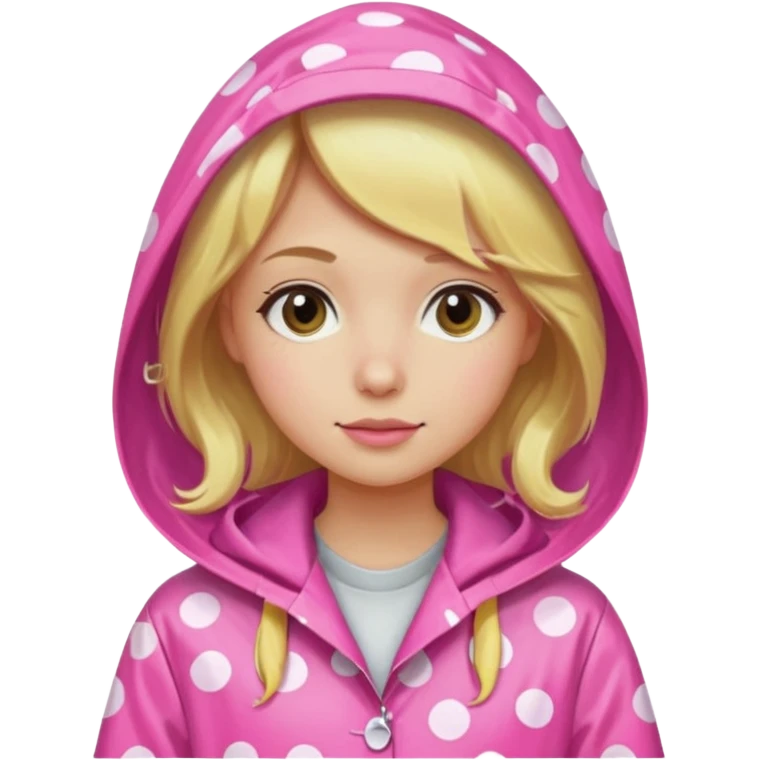 Blonde girl in a pink polka dot raincoat with hoodie emoji