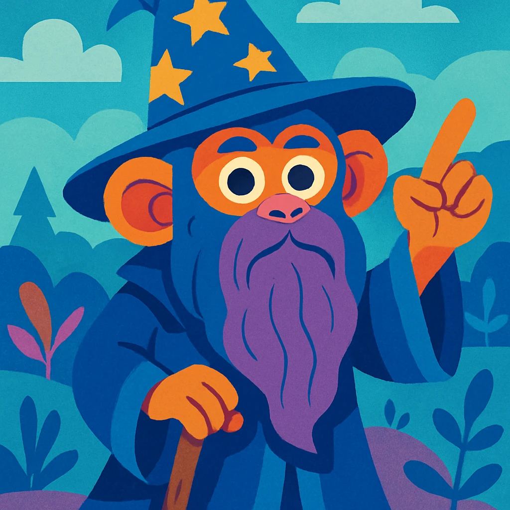 wizard monkey with classic wizard hat, long beard, fairy tale style, blue and purple tones emoji