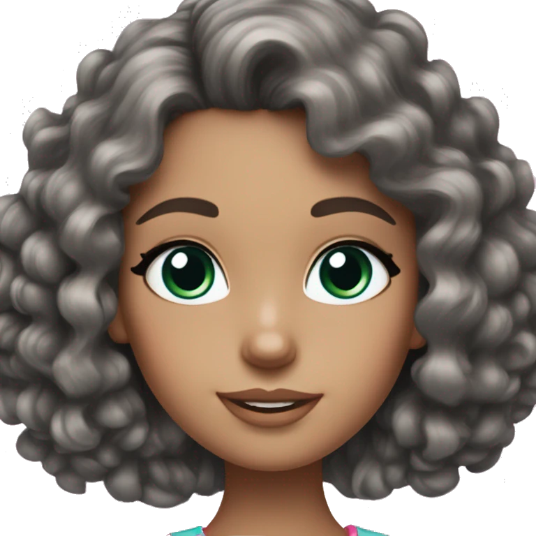 A brunette girl with green/blue/grey eyes and curly hair that has a pink bow in her hair and looks like a barbie emoji