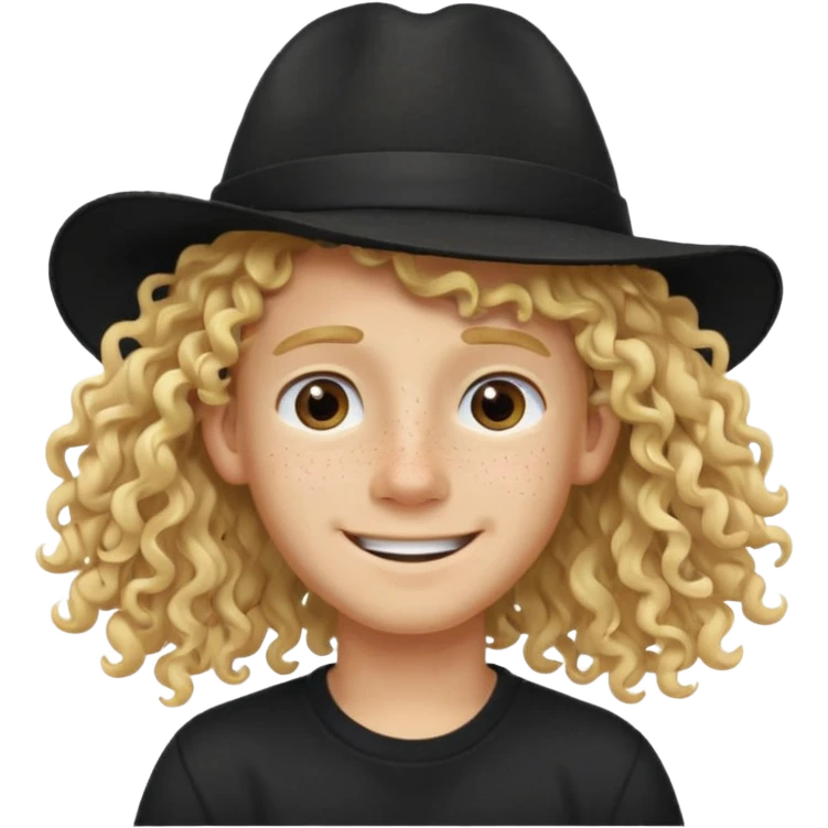 blonde boy with long curly hair past his hears and a LA hat, smiling, wearing a black shirt with freckles emoji