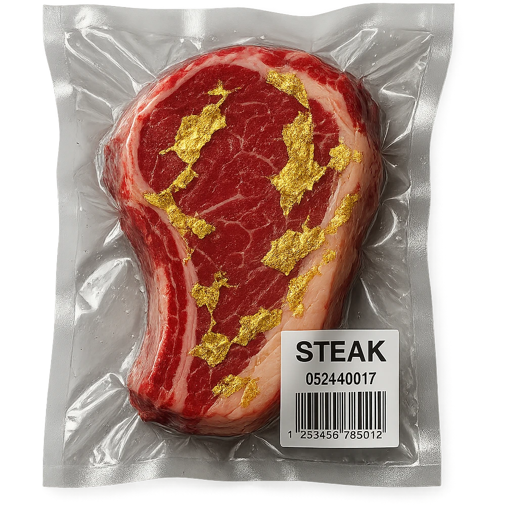 steak with gold leaf accents, glossy and inflated emoji