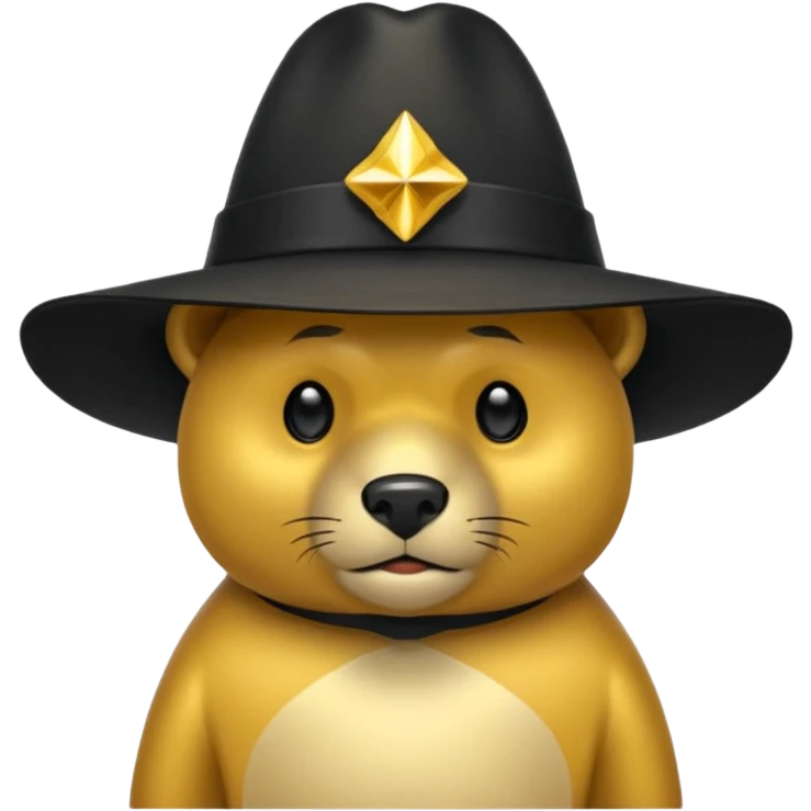 Oso dorado con sombrero negro  elegante y moño negro triste animatronico emoji