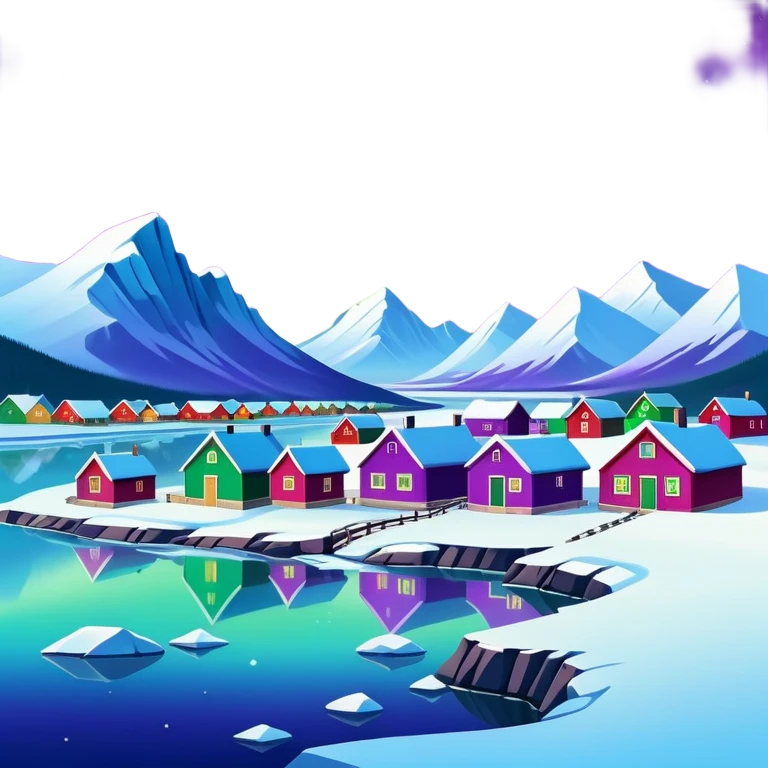 Mohe Arctic Village northernmost point of China with aurora borealis, simplified emoji style with bold outlines and bright colors, cartoon style village with northern lights emoji