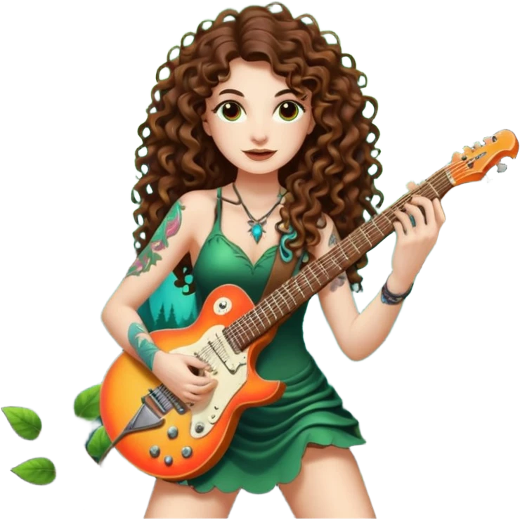 woman with long curly brown hair, brown eyes, white skin, tattoos, playing a root-shaped electric guitar that grows leaves from the strings, psychedelic glow, forest stage aura emoji