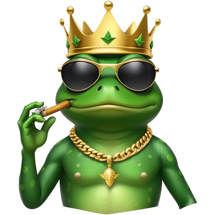 gangster frog wearing a gold crown smoking a marijuana joint, cool sunglasses emoji