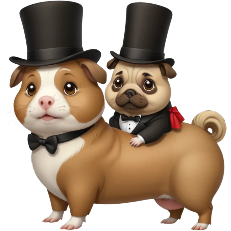 a cute guinea pig wearing a top hat riding on the back of a pug dog emoji