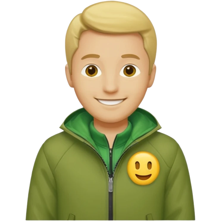 A yellow skintone man wearing a zipped up green jacket emoji