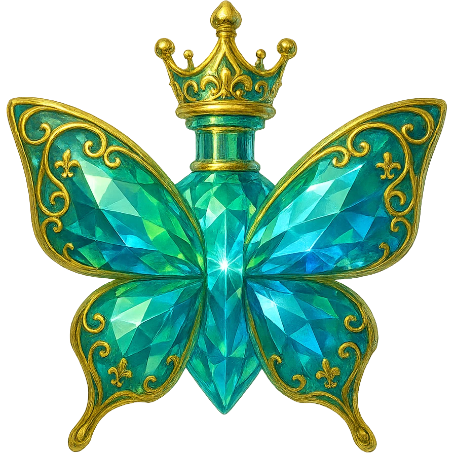 crystal butterfly-shaped bottle with short neck and princess crown, green and blue colors, many facets, glowing, ornaments, golden details, transparent background, floating in air, no ground or shadow, very close to the original emoji