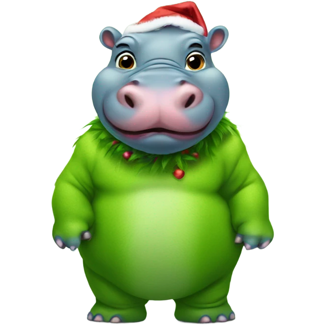 Baby hippo dressed as the Grinch emoji
