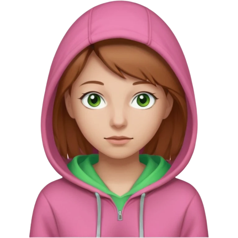  Una donna con una felpa semplice rosa,i capelli sono lunghi fino alle spalle marroni chiaro,gli occhi sono verdi  emoji