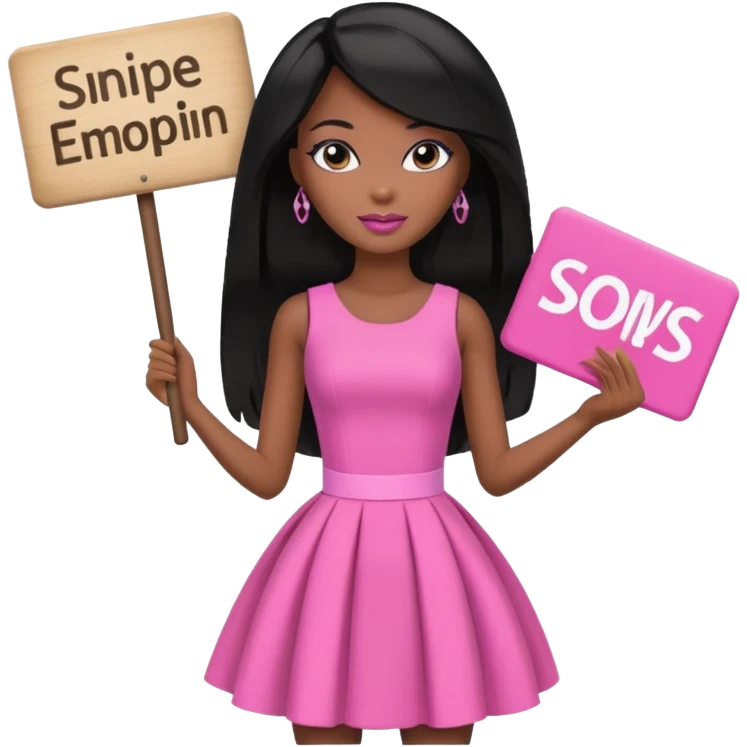 Black barbie, long black  hair, pink dress holding sign, that says snipe emoji