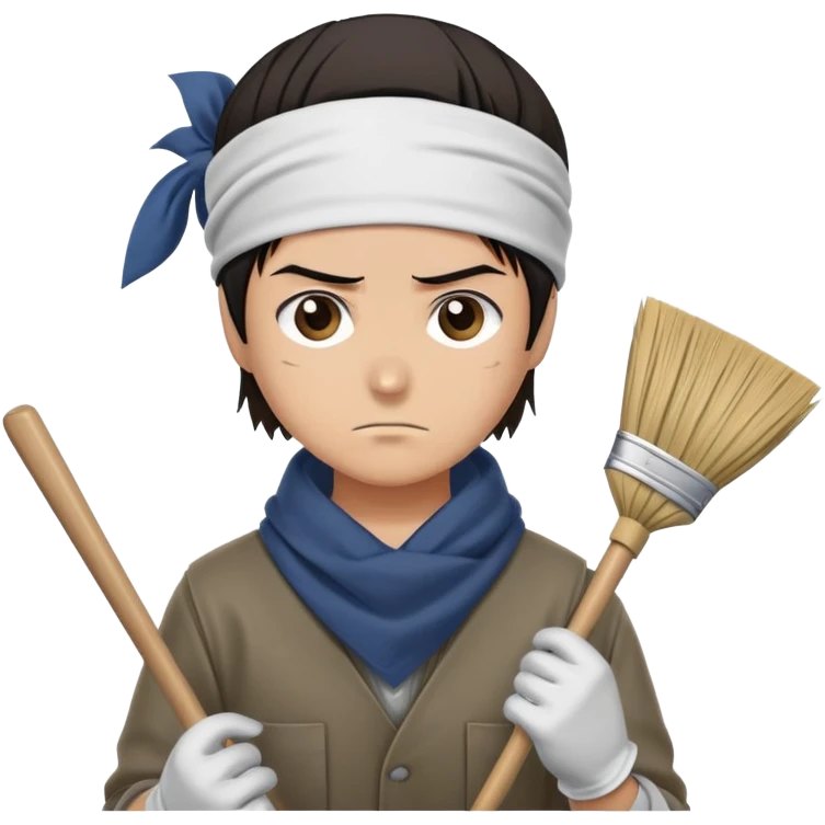 Levi Ackerman cleaning with bandana over hair, gloves, holding broom, annoyed expression emoji