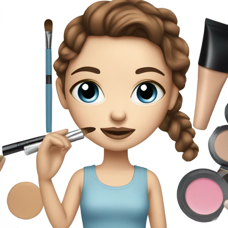 White girl blue eyes brown hair doing her makeup By makeup kit emoji