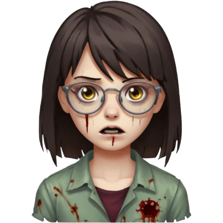 The basic iPhone emoji is a zombie girl with dark brown hair long below her shoulders bangs and a ragged haircut gray eyes glasses emoji