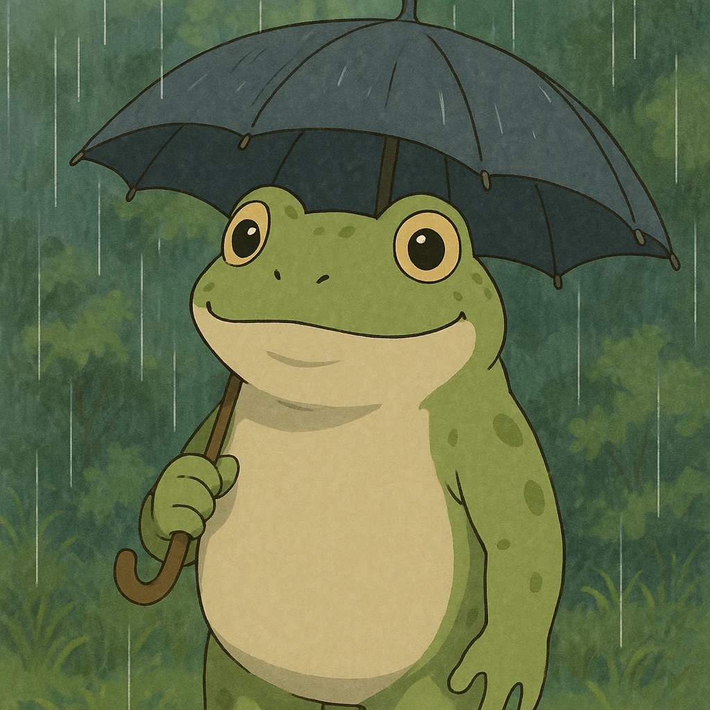 friendly frog holding an umbrella, ghibli style emoji