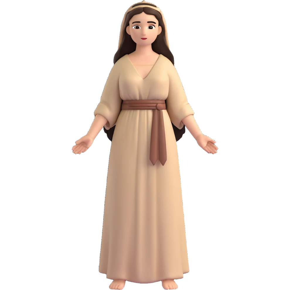 fullbody Mary Magdalene, fit and buxom body, very pretty detailed face, normal height, plain light tan ancient dress, arms down with hands by hips, dark hair emoji
