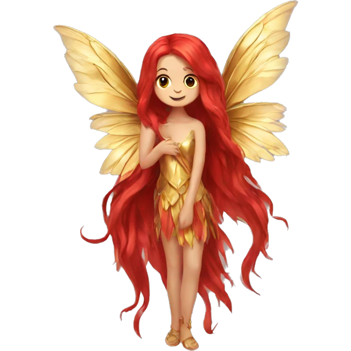 big wings, flower, Beautiful, fairy, red, gold,red, long hair emoji