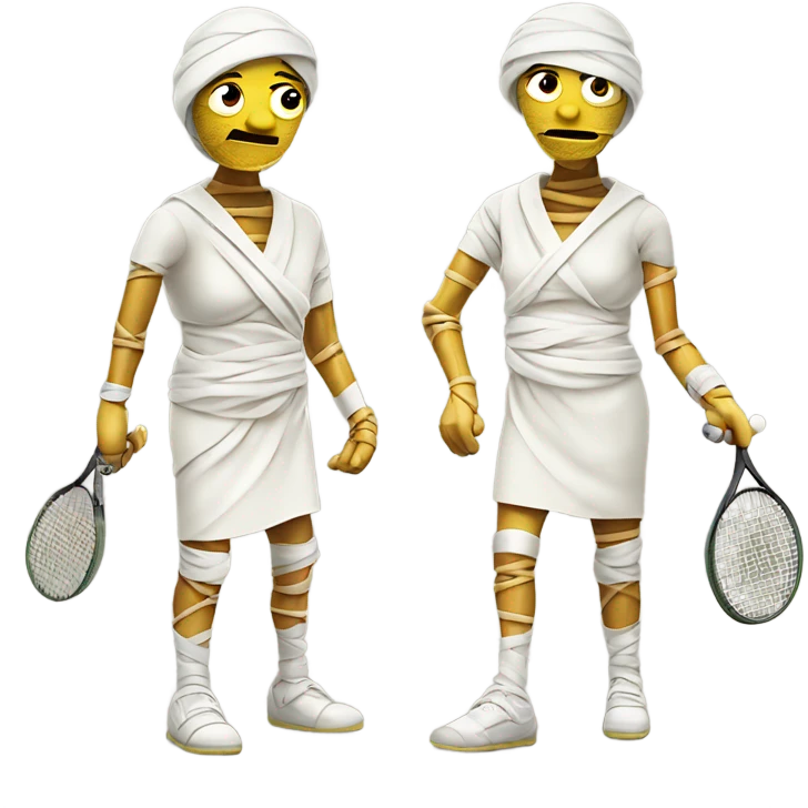 Mummy with broken arm playing tennis. Full body wrapped in bandages emoji