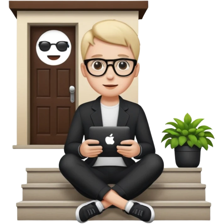 a home which has garden like and the home has slack emoji, where on the house steps, a blob holding black mac should sit and should look like wiork emoji