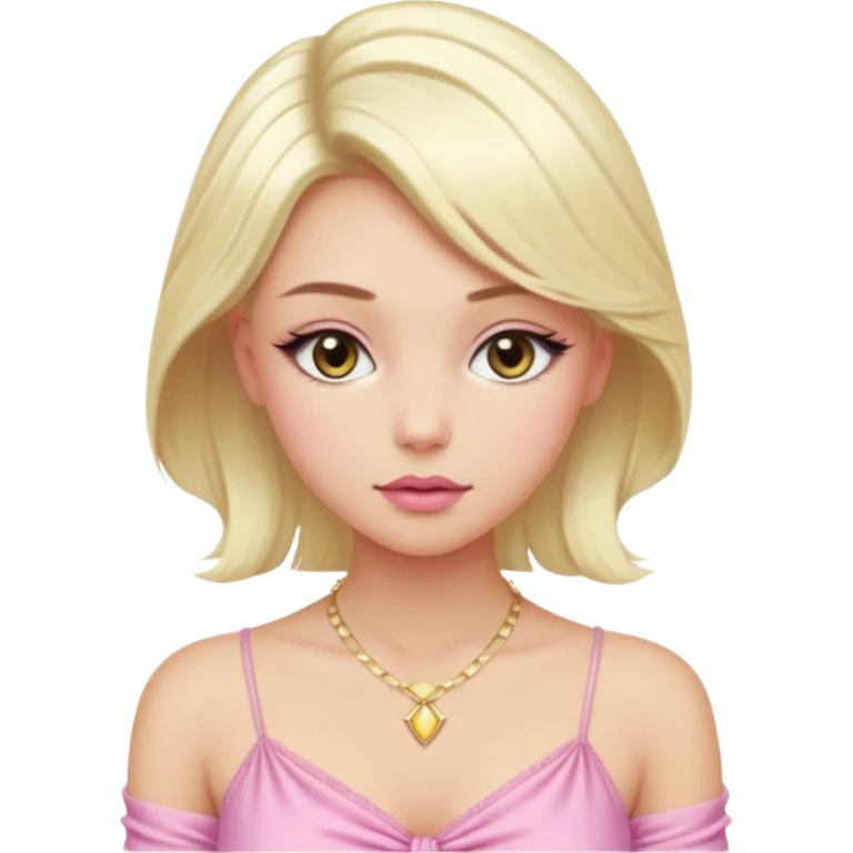 Girl with a platinum-blonde beauty with sleek, waist-length hair, flawless skin, fluttery lashes, and pouty lips-dressed in a sheer pink ruched top that ties in the center, glowing softly under the car lights with a dainty gold necklace completing her dreamy, doll-like look. emoji