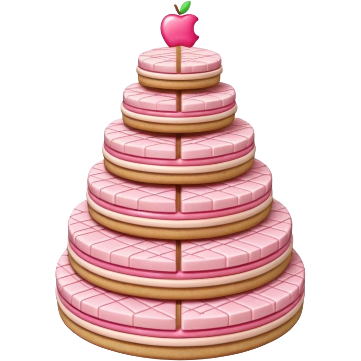 3D render of Wafer Tower, made entirely of dessert materials, glistening sugar crystal texture, grid-patterned beige cookie with pink cream filling, delicious confectionery aesthetic, Apple emoji style, isolated on white background --v 6.0. emoji