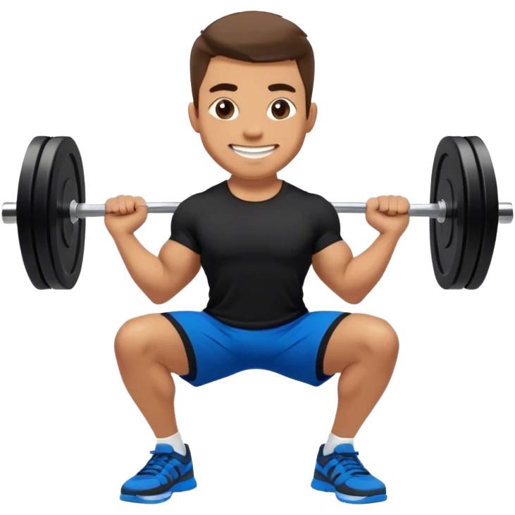 smiling man black shorts black t shirt blue shoes barbell squats emoji