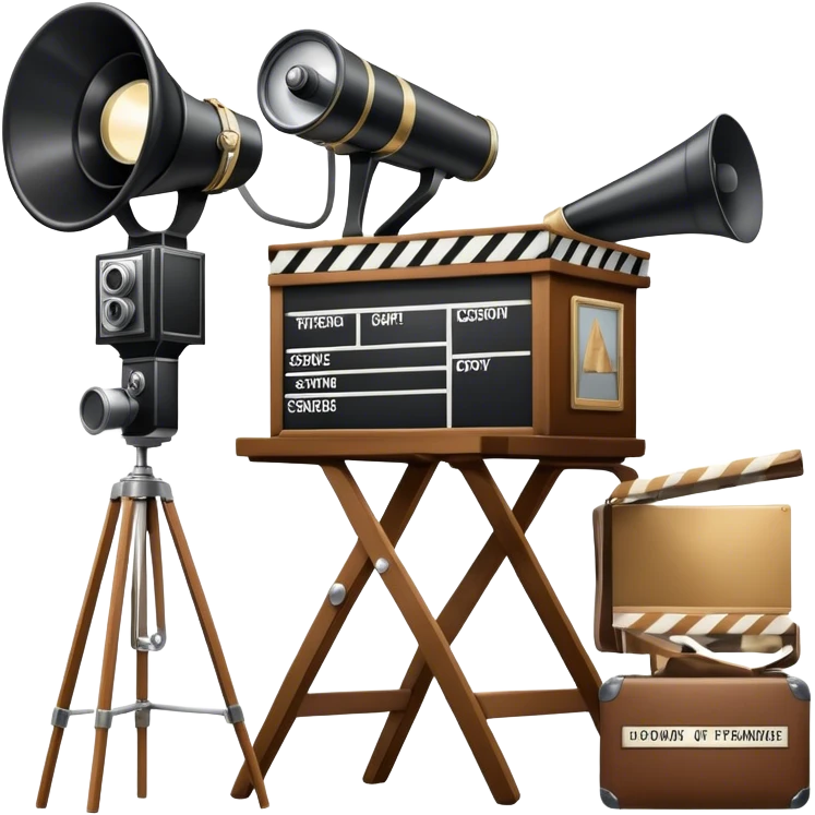 Icon for Directing: a director's chair, a film clapperboard, large movie camera, vintage megaphone and a stage with a spotlight. The icon should represent the creative and organizational aspects of directing, with focus on storytelling, staging, and performance. Transparent background. emoji