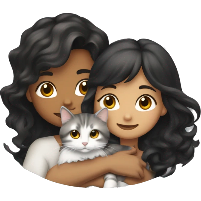 TAN SKIN GIRL with long black wavy hair and bangs HUGGING HER LIGHT BROWN, GRAY, and WHITE CALICO CAT  emoji
