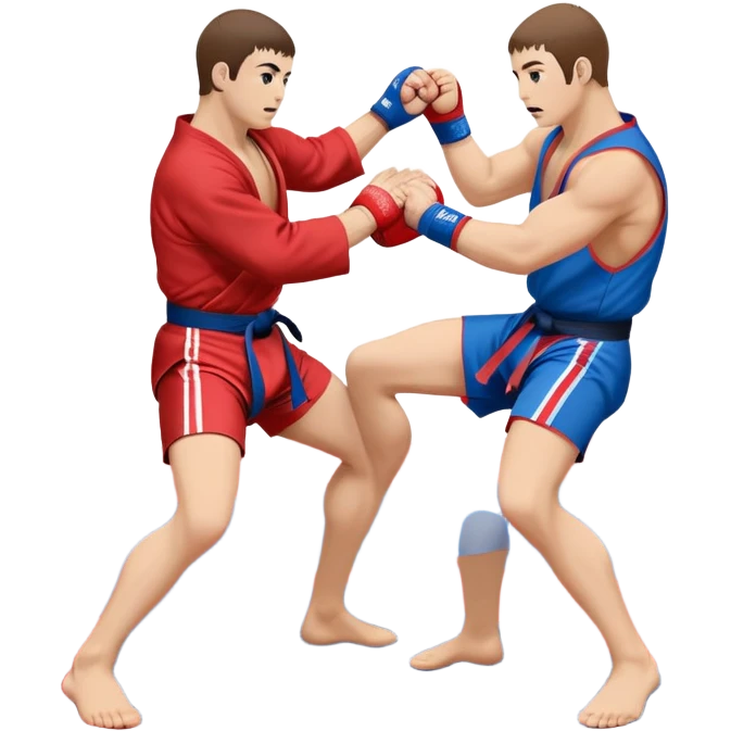An icon symbolizing Sambo, featuring two fighters in blue and red kimonos with shorts. One executes a powerful throw, while the other attempts a defensive grab. The fighters are engaged in a grapple, using joint locks and sweeps. The background features a wrestling mat/ emoji
