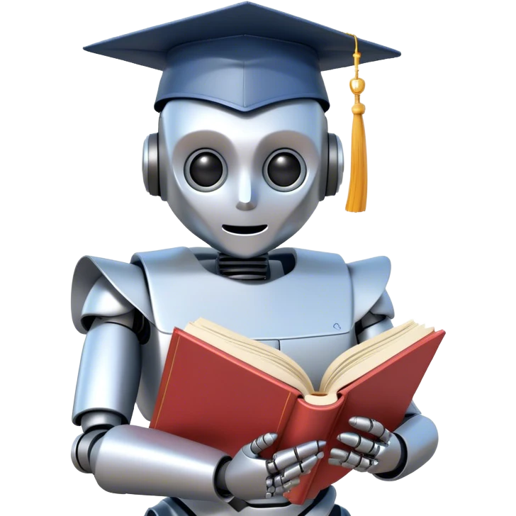 artificial robot reading a big book with graduation head emoji