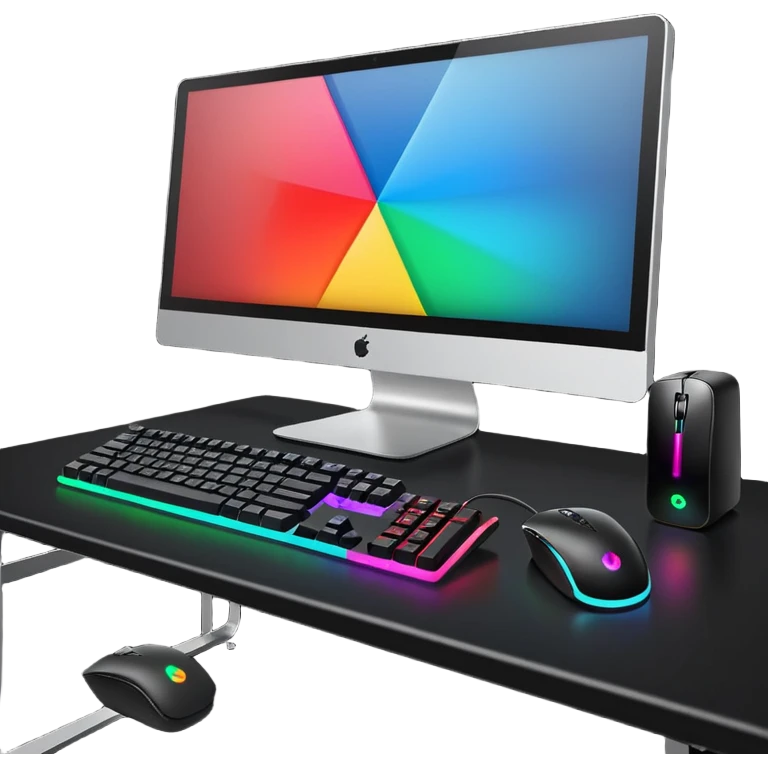 rgb gaming computer on black desk with a black keyboard and mouse emoji