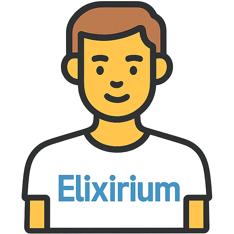 man wearing white t-shirt with the word 'Elixirium' written on the t-shirt, colorful outline icon style emoji