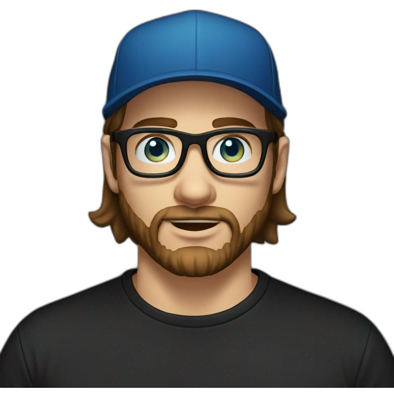 guy with straight long brown hair and blue eyes and transparent glasses and with beard and wears black tshirt and wears black cap emoji