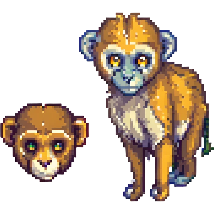 vervet monkey next to an impala head, simple and colorful pixel art emoji