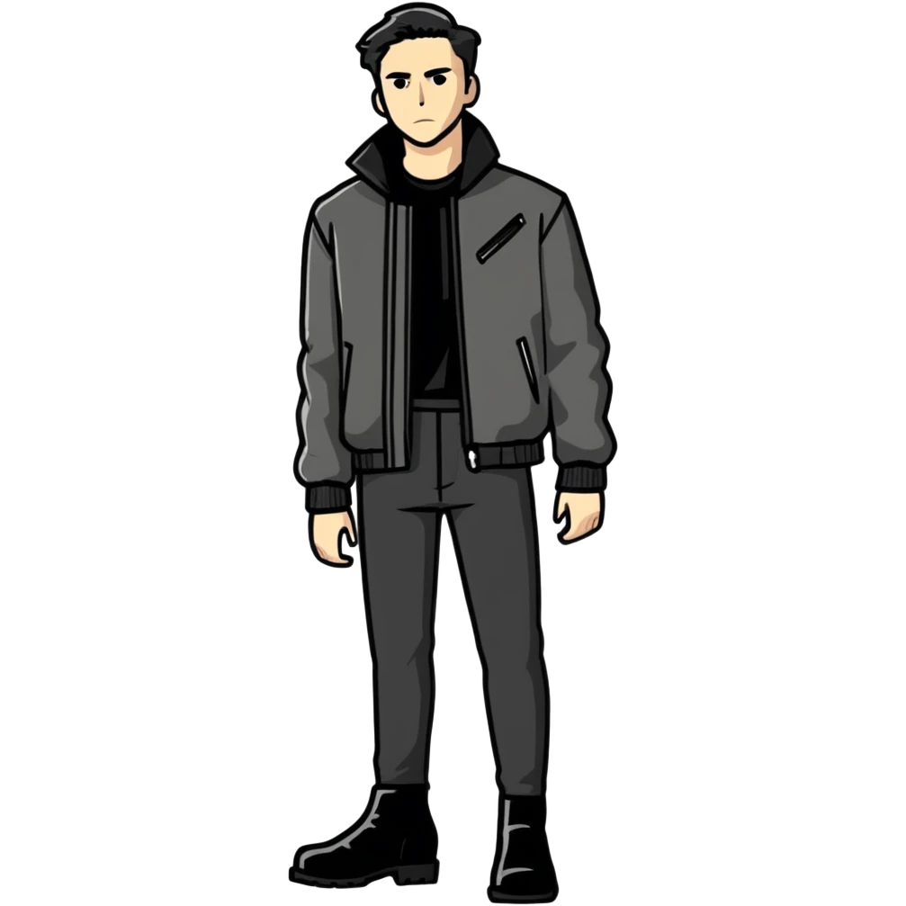 Full body standing male figure wearing black jacket, black pants, and black boots emoji
