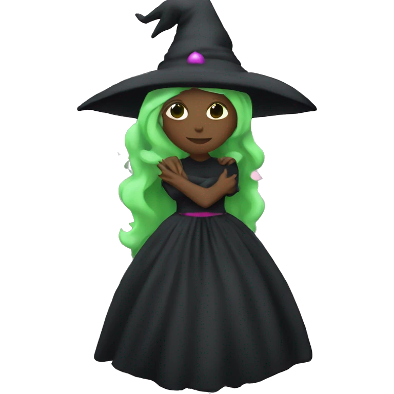 Witch dressed in black with green skin hugging pink dressed white witch emoji