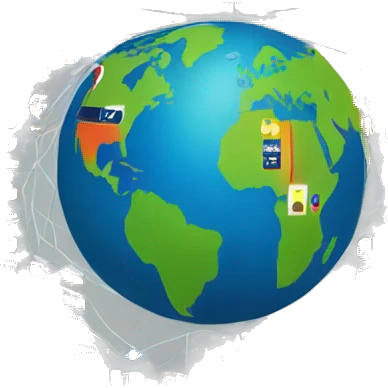 Glowing globe with interconnected lines, surrounded by small country flags, representing virtual connections across 100+ countries. Modern, tech-inspired design. emoji