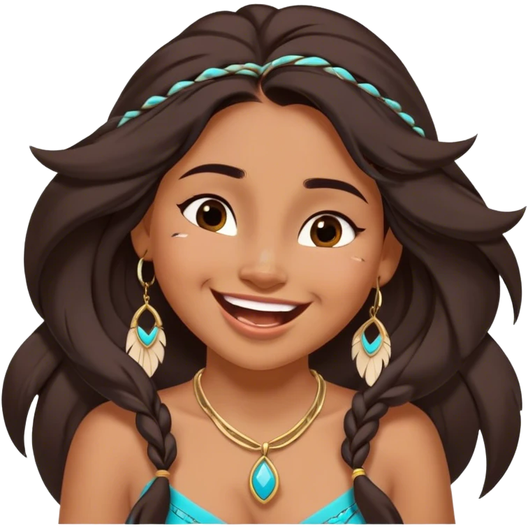 Cinematic Adorable Pocahontas Portrait Emoji, Laughing softly as Meeko tugs at her necklace, hair tousled in the wind, eyes full of warmth, a carefree spirit shining through, capturing the essence of beauty and playfulness! emoji