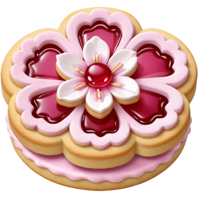 Realistic shortbread cookie in the shape of a cherry blossom with pale pink color jelly middle filling and sprinkled powder sugar on top. emoji