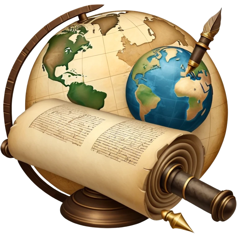 An icon featuring an ancient scroll, a quill pen, and a globe, symbolizing the study of history. The design includes a timeline with significant historical events, with ruins in the background to evoke past civilizations. Transparent background emphasizes the exploration of human history emoji