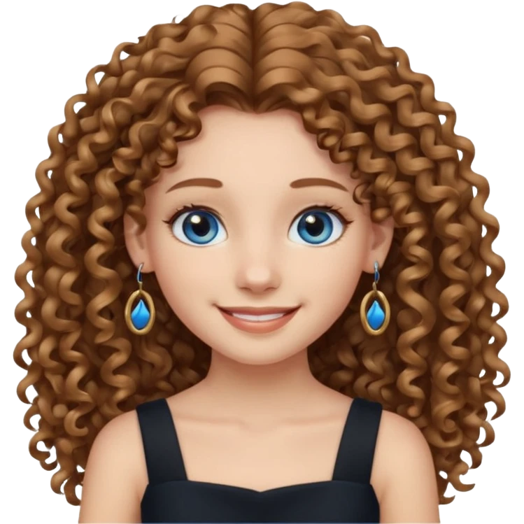 Girl with long light brown curly hair, blue eyes, black dress, hoops earrings. emoji