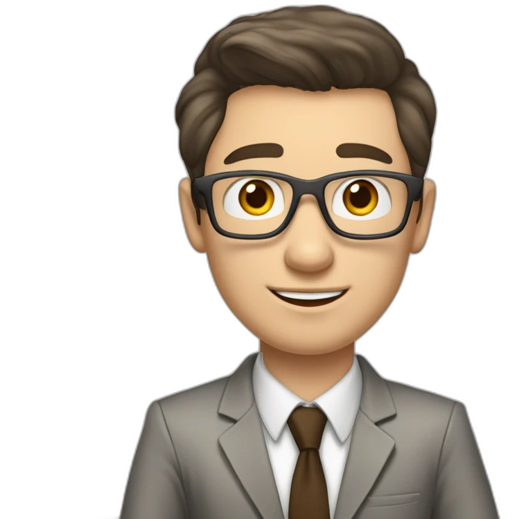 Pale skinned fit man with dark brown hair in gray jacket, beige office shirt, brown tie, brown pants and vintage glasses Writing text on the flipchart emoji