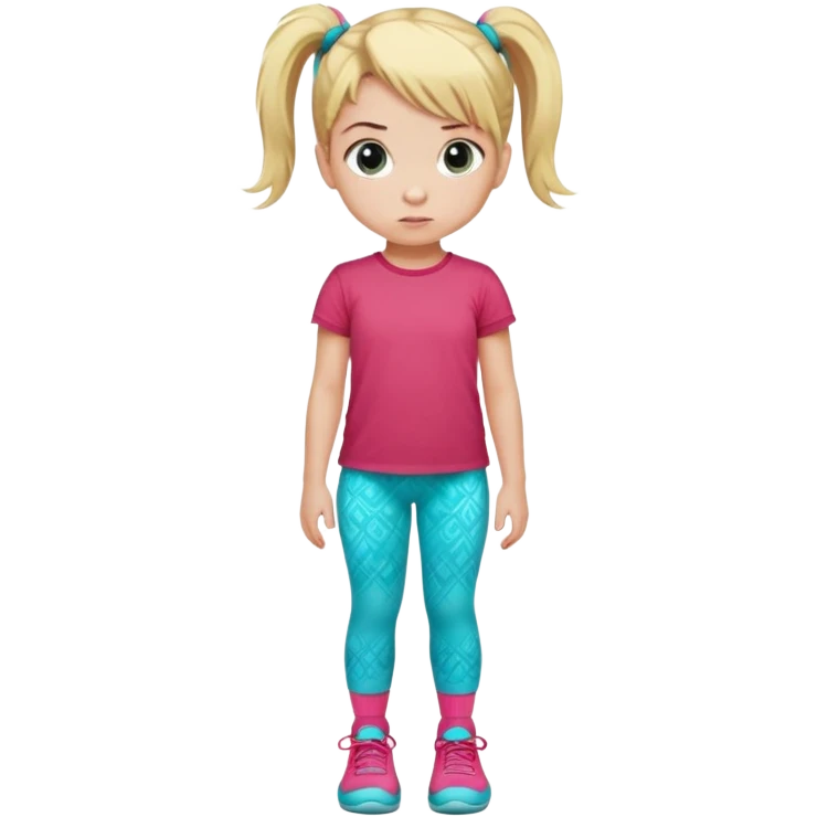 Little girl with blonde hair in ponytail with pink hair tie, wearing red t-shirt and turquoise patterned pants, light socks, serious facial expression emoji