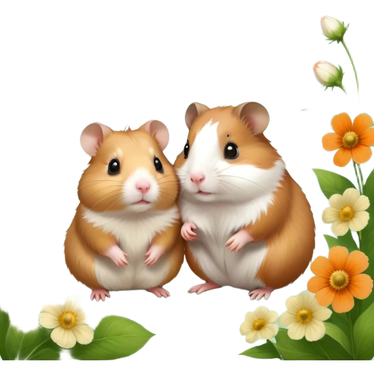 Icon for Hamster and Guinea Pig: A portrait-style collage with a fluffy hamster with soft fur, looking curious, and a friendly guinea pig with long, smooth fur, both on a soft green background with flowers and soft light. Transparent background. emoji