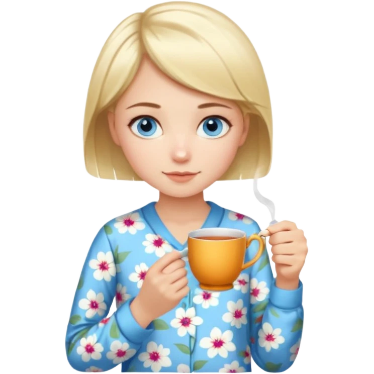 Blue eyed girl with short blond hair in floral pijamas is holding a cup of tea emoji