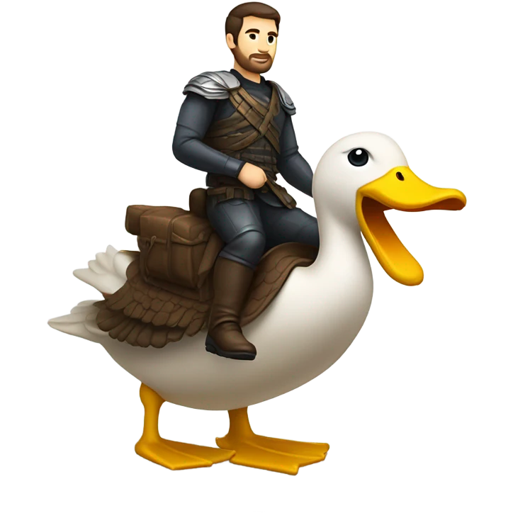 Confident armored White Man with dark brown hair and a short beard riding on the back of a giant duck emoji