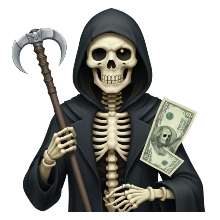 Grim Reaper iPhone emoji style, half skeleton half zombie face (no slime), holding a single scythe in left hand, 100 dollar bills floating around or partially visible, white background, dark and menacing atmosphere emoji