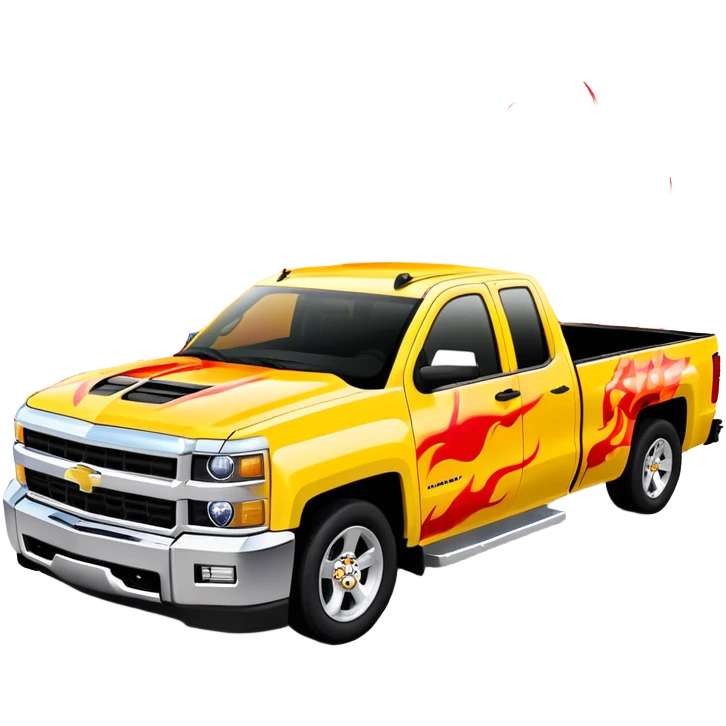 Yellow Chevrolet Silverado with elaborate airbrushed red flame pattern on hood and front quarter panels, screen-accurate Kill Bill truck artwork, 30-degree angle, iOS emoji style emoji